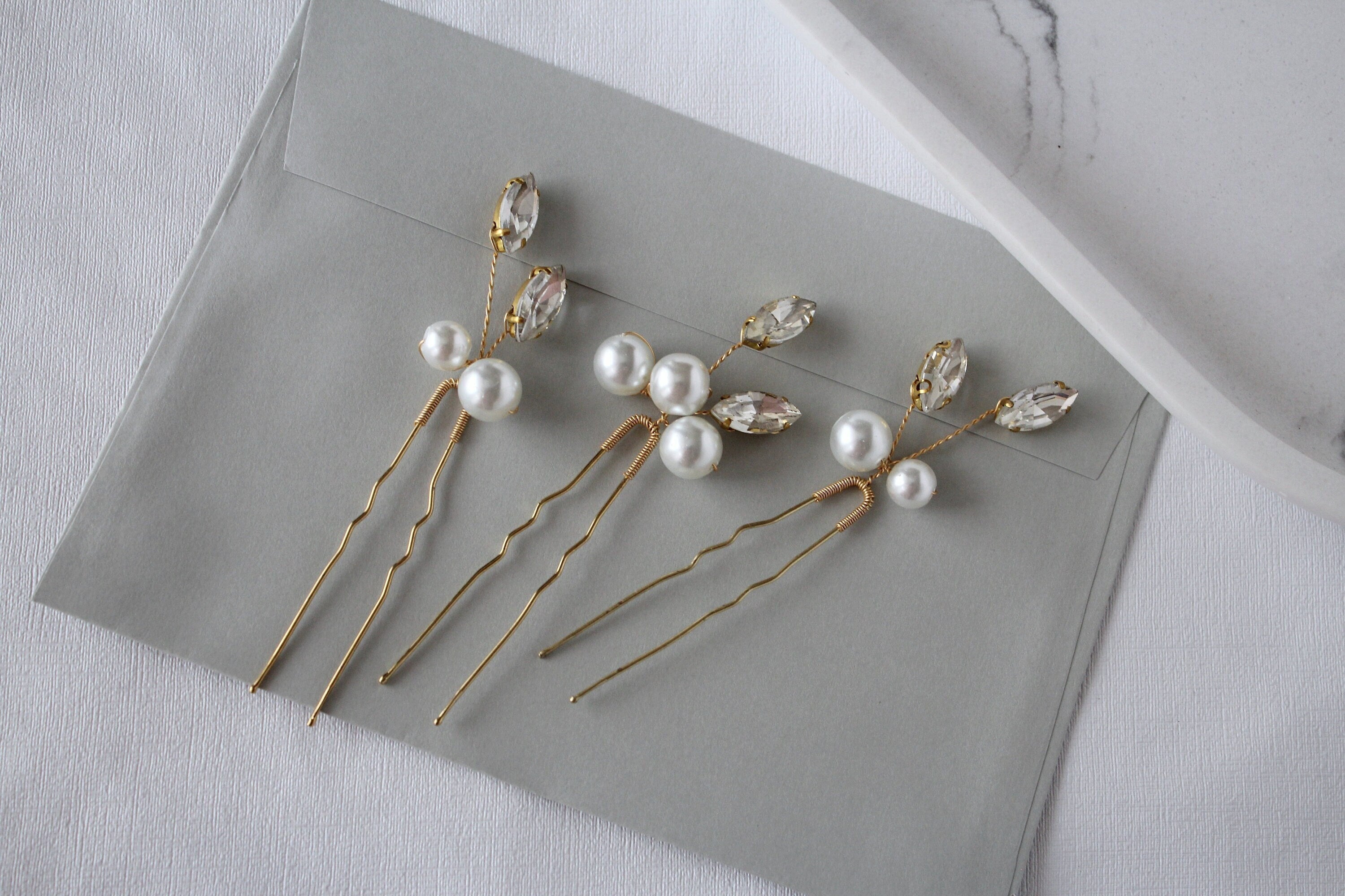Pearl Crystal Wedding Hair Pins: Gold Bridal Hair Accessory, Set of 3