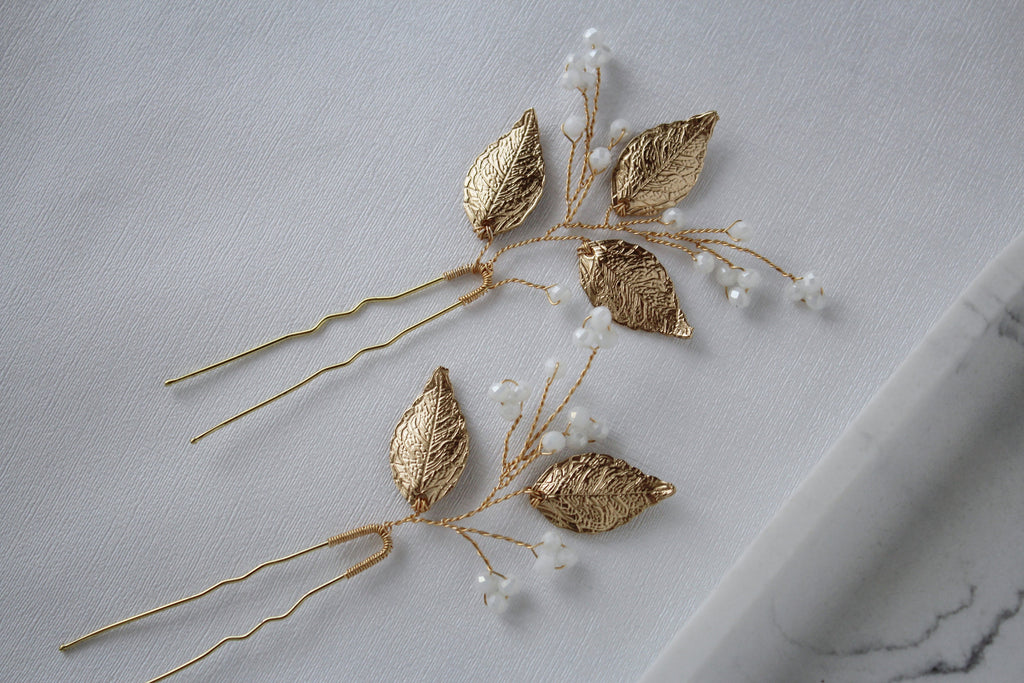 Gold Leaf Wedding Hair Pins: Crystal Bridal Hair Accessory Set