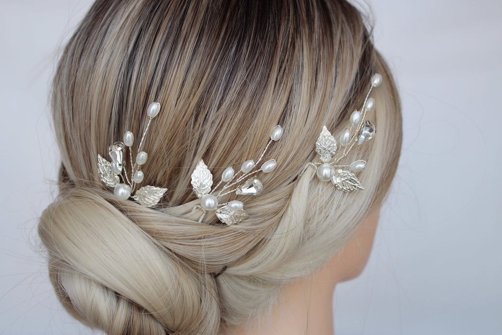 Silver Pearl Leaf Wedding Hair Pins: Bridal Rhinestone Accessory