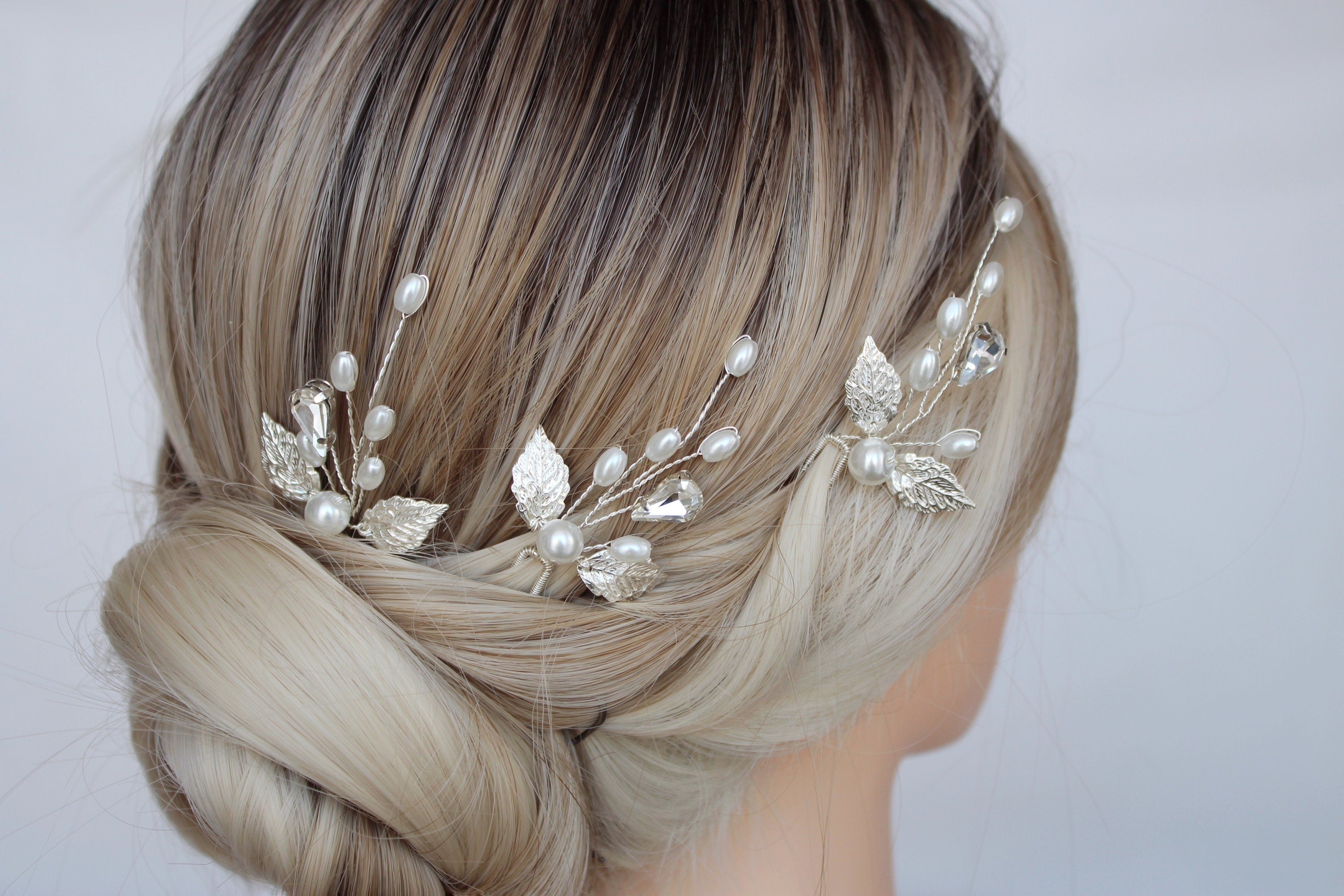 Silver Pearl Leaf Wedding Hair Pins: Bridal Rhinestone Accessory