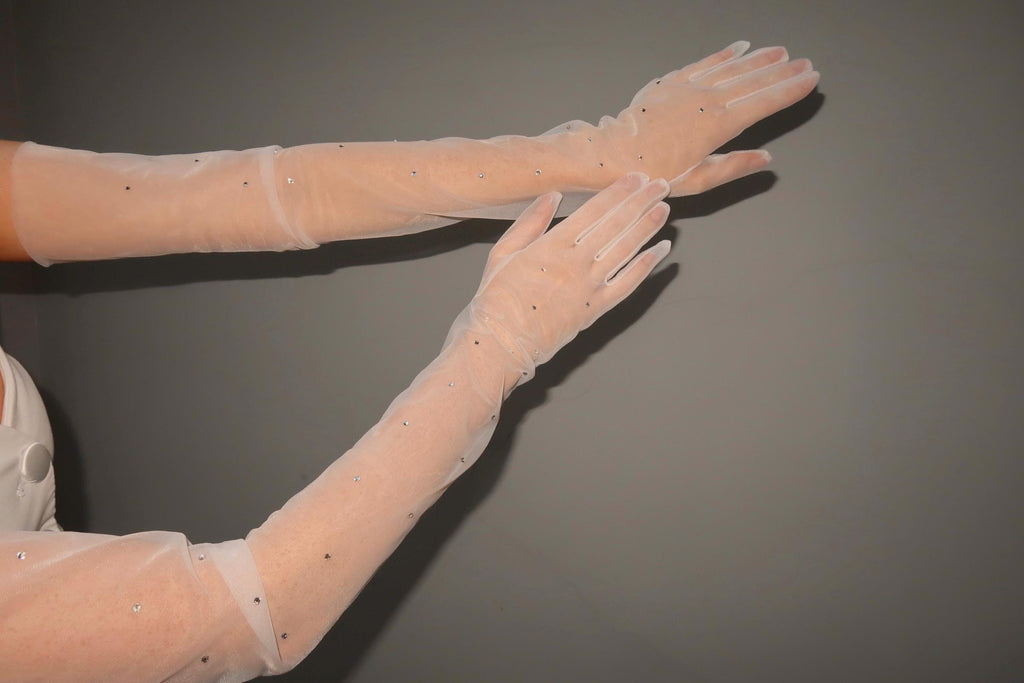 Crystal Long bridal gloves, White tulle gloves