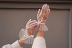 Short Bridal Gloves, Chiffon Gloves with Ribbon
