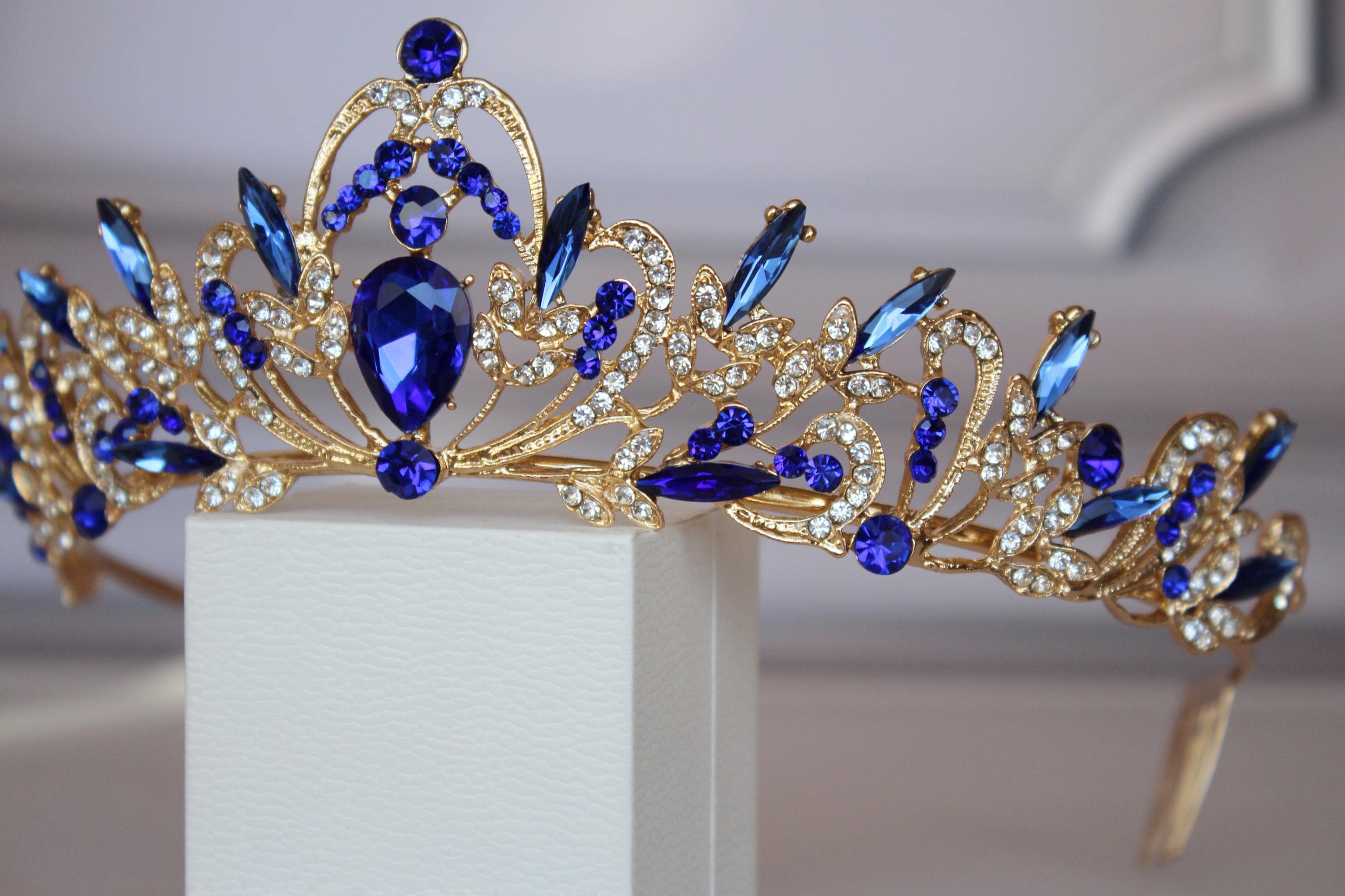 Blue and Gold Sapphire Crown, Bridal Wedding Tiara, Prom & Quinceañera Tiara