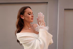 Short Bridal Gloves, Chiffon Gloves with Ribbon