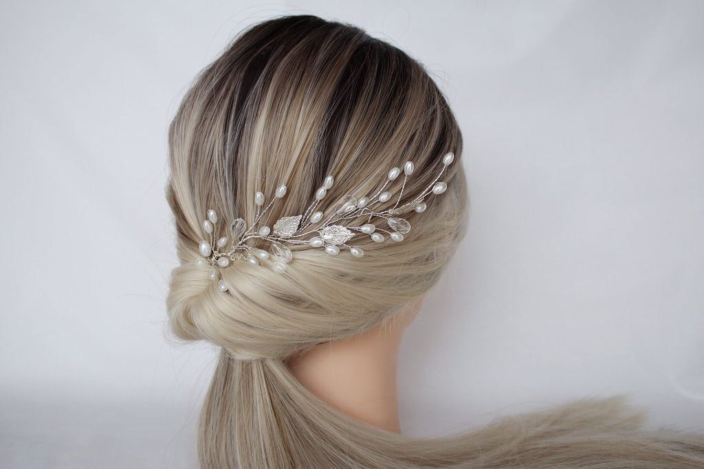 Silver Leaf Hair Vine, Pearl Wedding Hairpiece, Gold Bridal Headband, Rose Gold Hair Piece, Wedding Hair Accessory, Rhinestone Hair vine