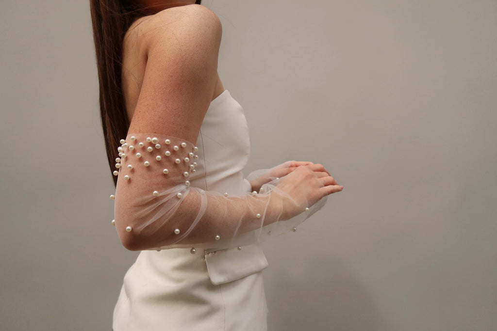 Pearl Fingerless Bridal Gloves, Long Tulle Sheer Sleeve