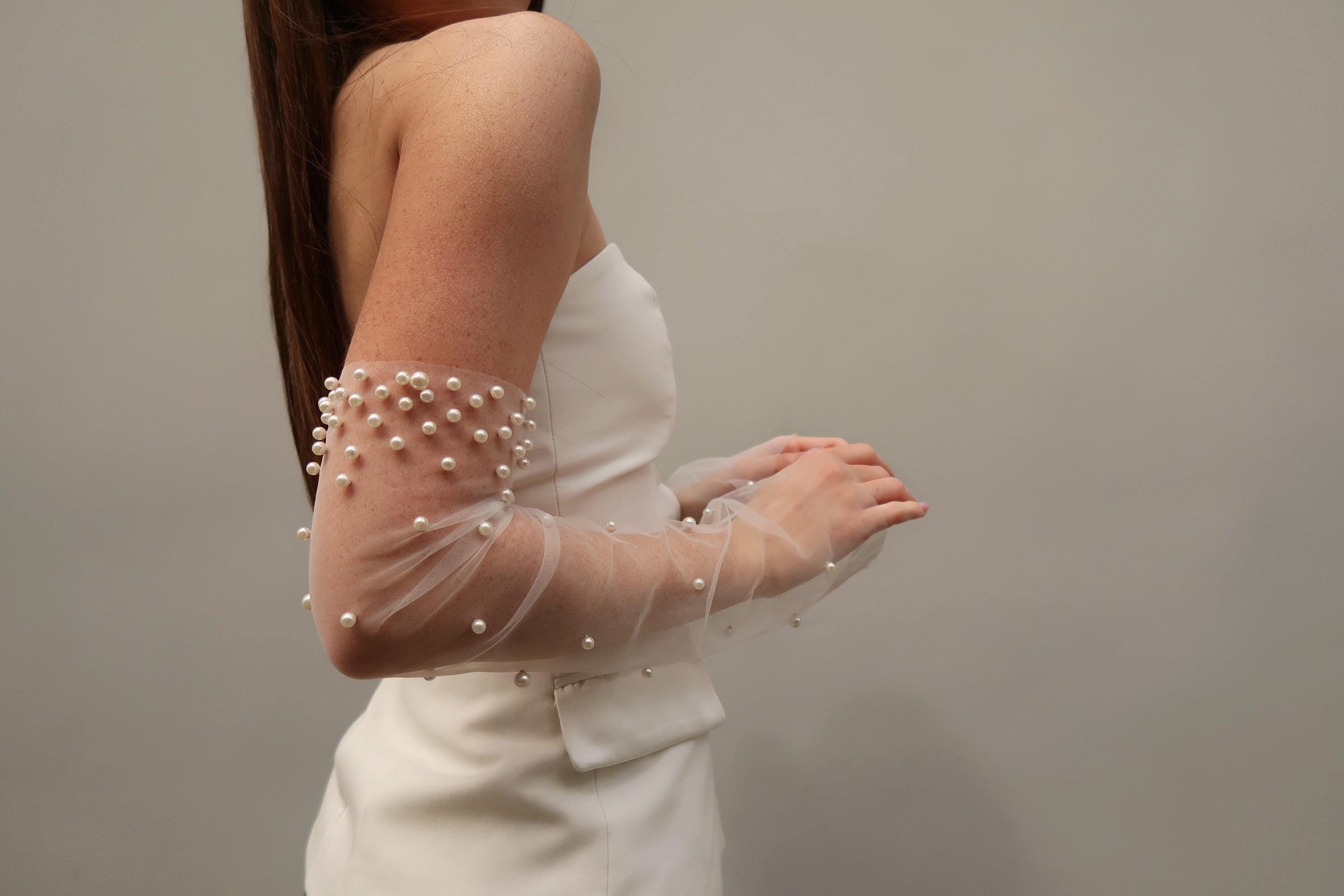 Pearl Fingerless Bridal Gloves, Long Tulle Sheer Sleeve