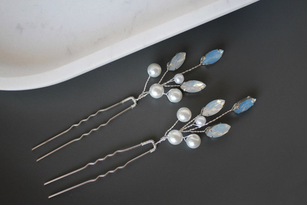 Blue Opal Pearl Hair Pins: Bridal Hair Accessories