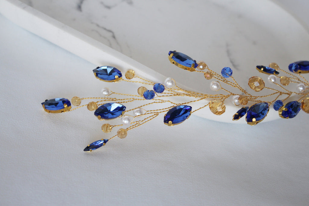 Sapphire Blue Wedding Hair Vine: Gold Bridal Hair Piece