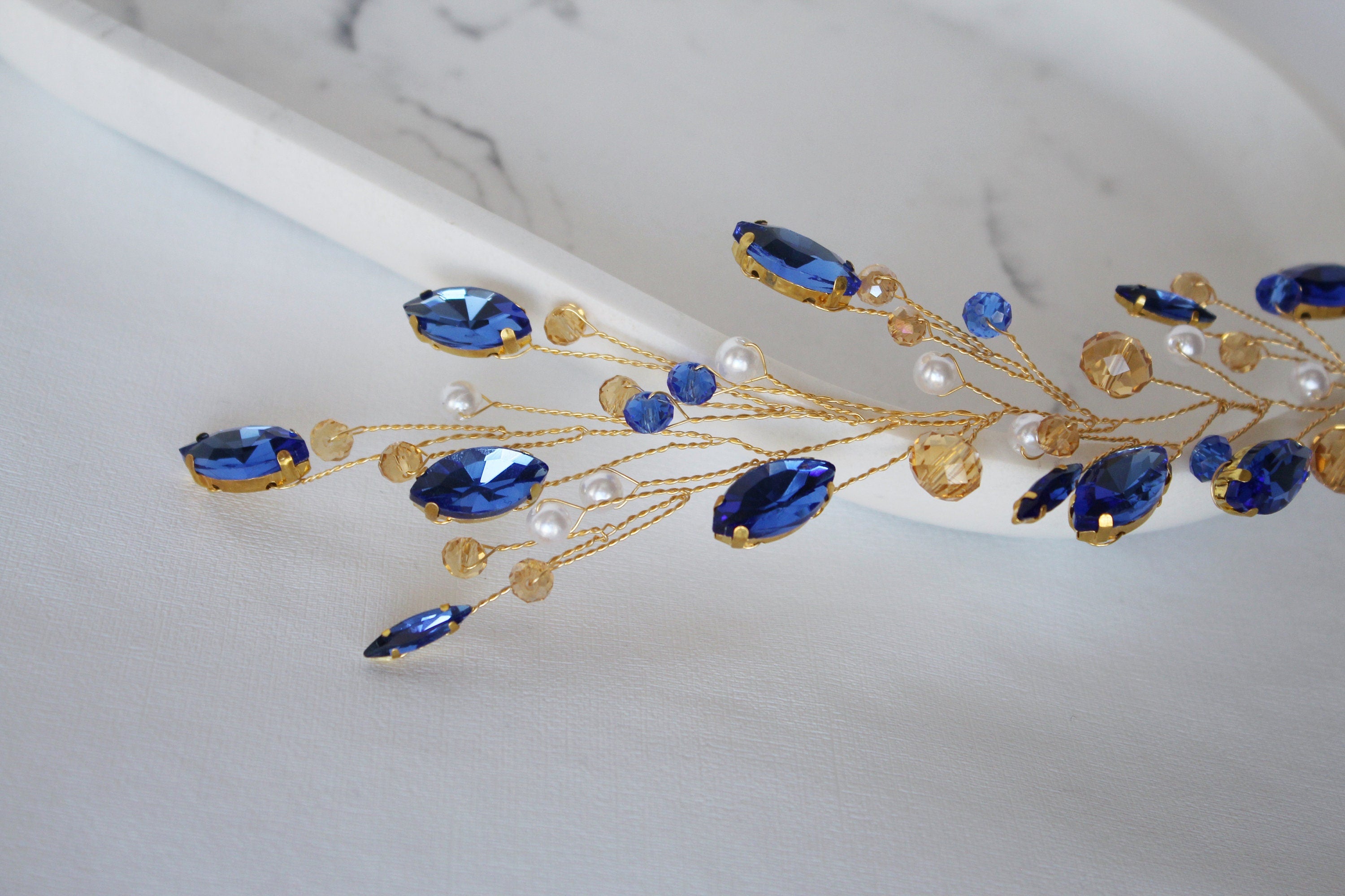 Sapphire Blue Wedding Hair Vine: Gold Bridal Hair Piece