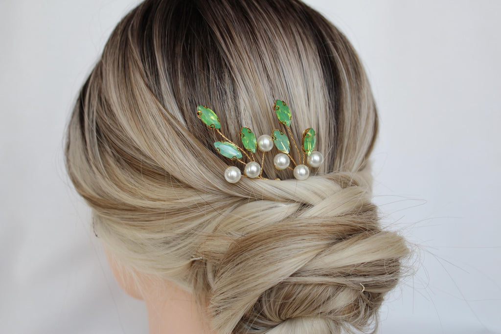 Green Opal Pearl Hair Pins: Bridal Wedding Hair Accessories