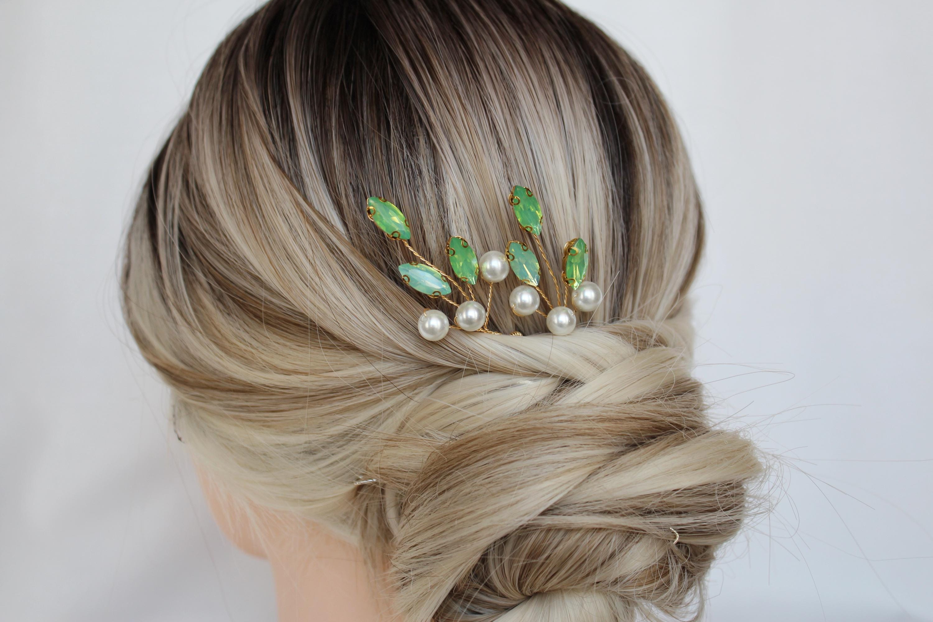 Green Opal Pearl Hair Pins: Bridal Wedding Hair Accessories