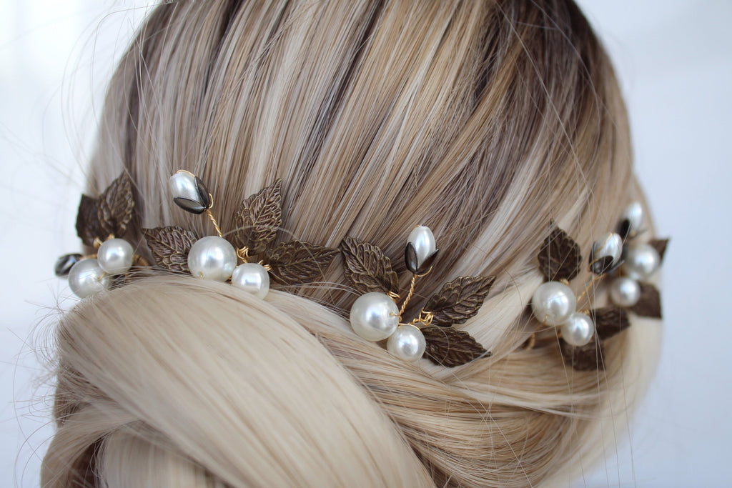 Vintage Pearl Hair Pins: Bronze Leaf Bridal Hair Accessory