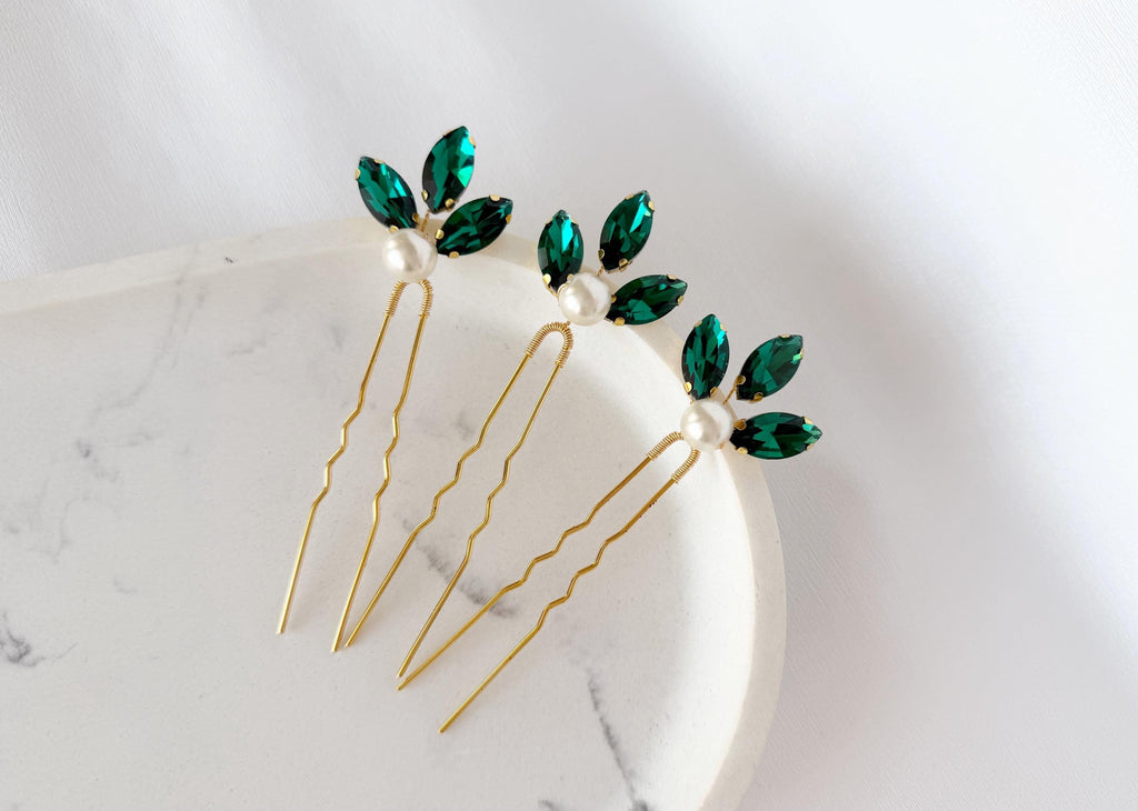 Emerald Green Pearl Hair Pins, Set of 3 Elegant Wedding Hair Accessories