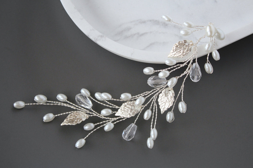 Silver Leaf Hair Vine, Pearl Wedding Hairpiece, Gold Bridal Headband, Rose Gold Hair Piece, Wedding Hair Accessory, Rhinestone Hair vine