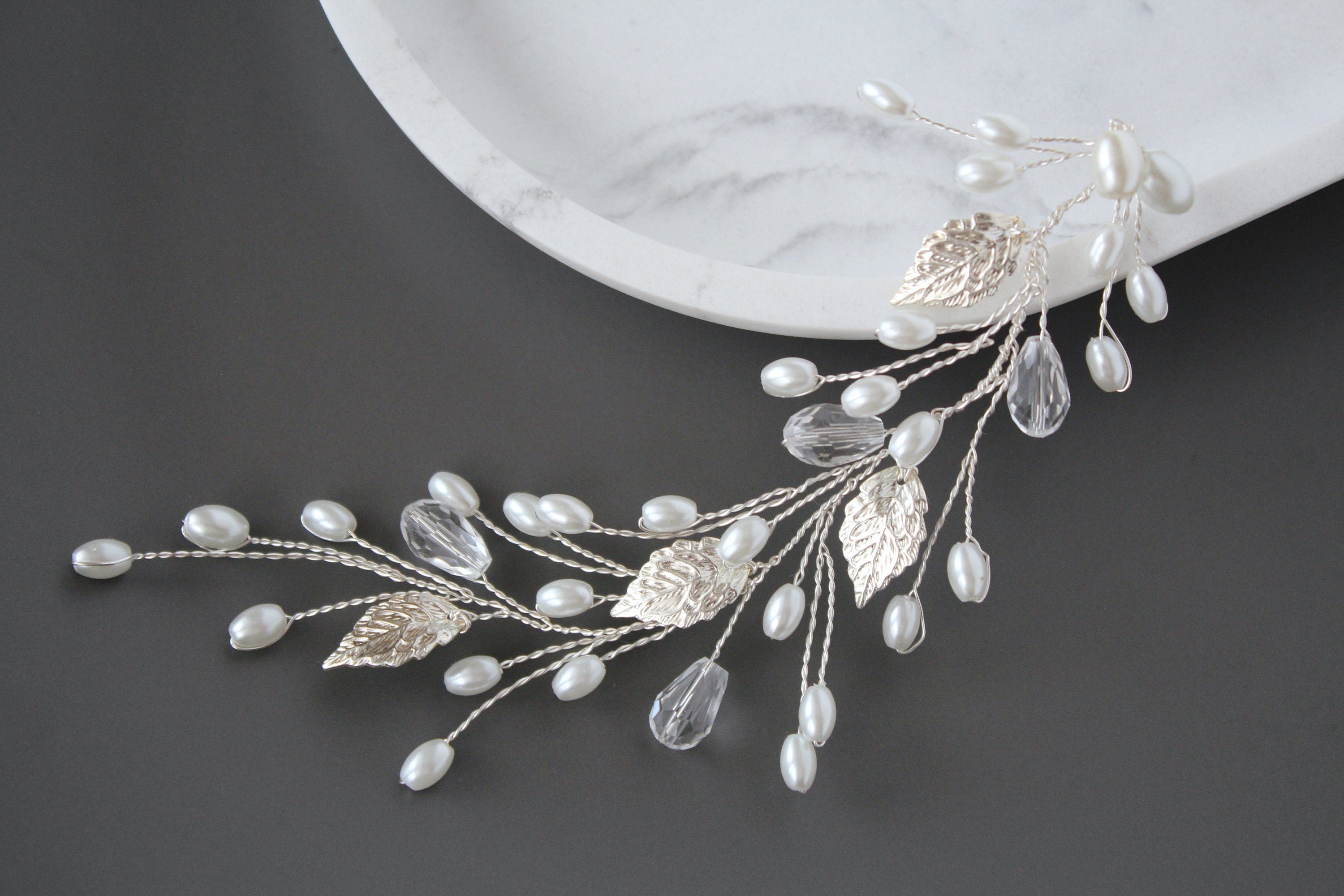 Silver Leaf Hair Vine, Pearl Wedding Hairpiece, Gold Bridal Headband, Rose Gold Hair Piece, Wedding Hair Accessory, Rhinestone Hair vine