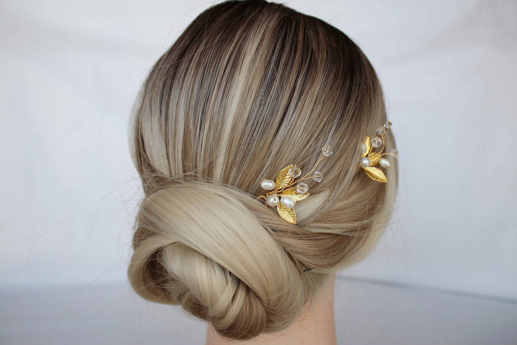 Gold Leaf Pearl Hair Pins: Bridal Rhinestone Hair Piece