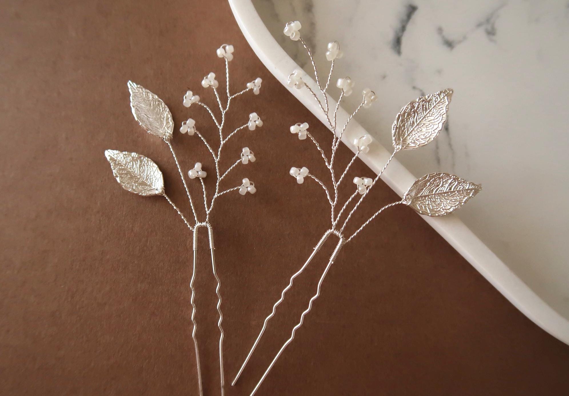Gold Leaf Wedding Hair Pins: Pearl Bridal Hair Accessory