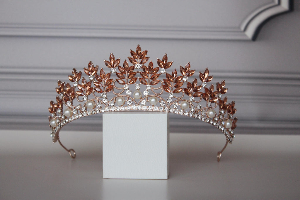 Rose Gold Tiara, Champagne Tiara, Pearl Bridal Tiara
