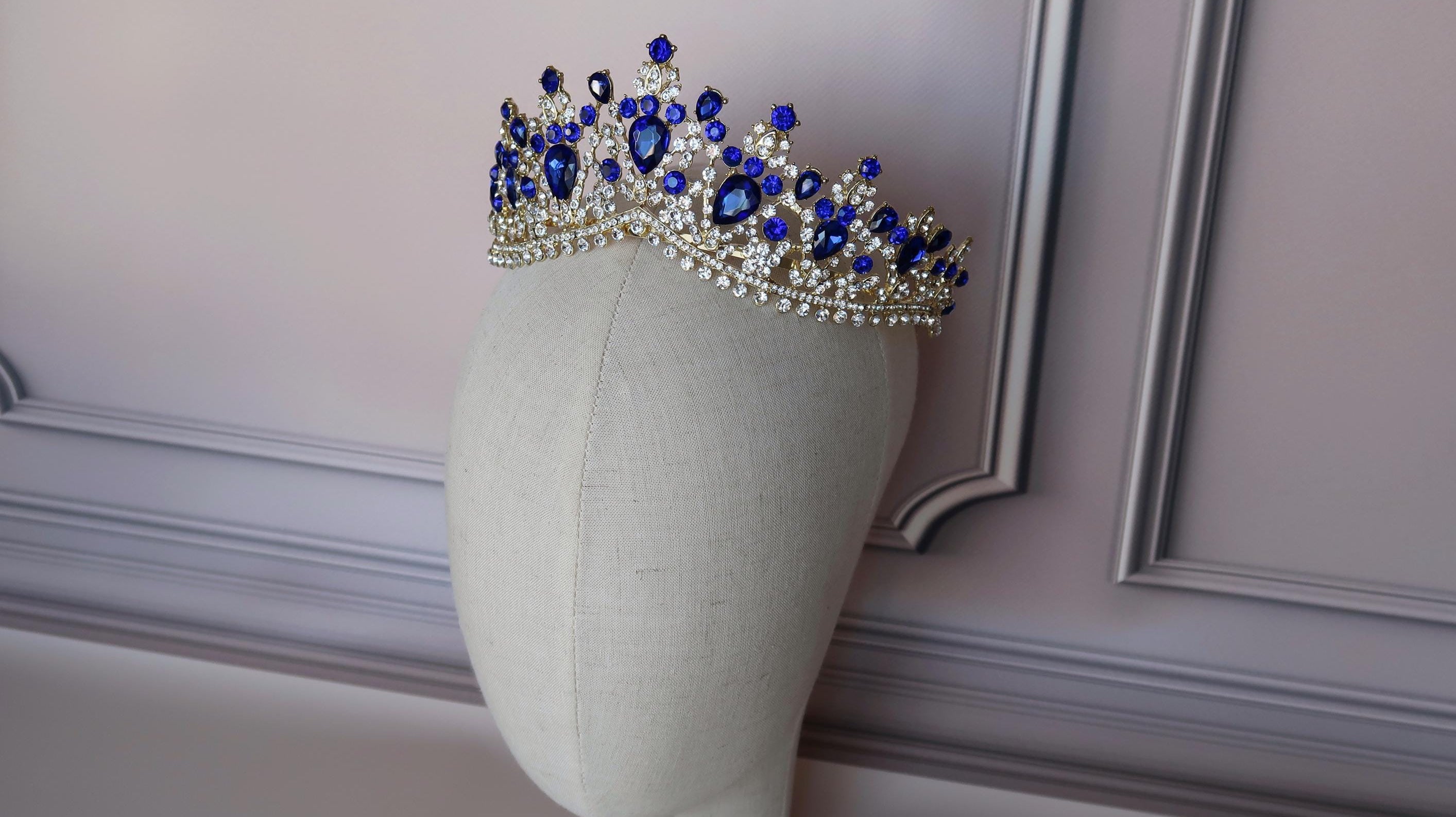 Sapphire Blue gold crown, Quinceanera tiara