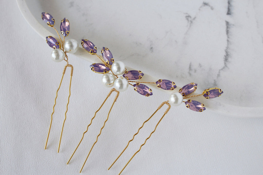 Purple Crystal Bridal Hair Pins: Lavender Wedding Hair Piece