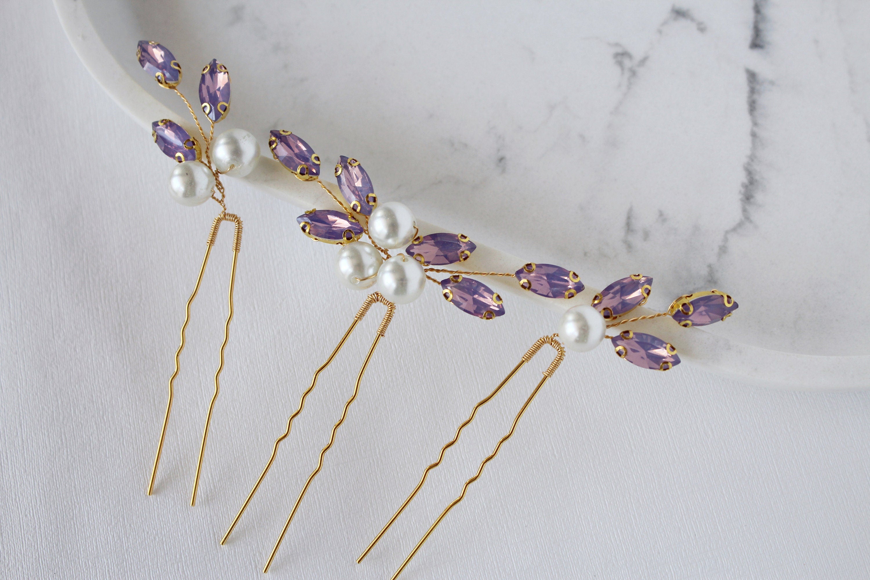Purple Crystal Bridal Hair Pins: Lavender Wedding Hair Piece