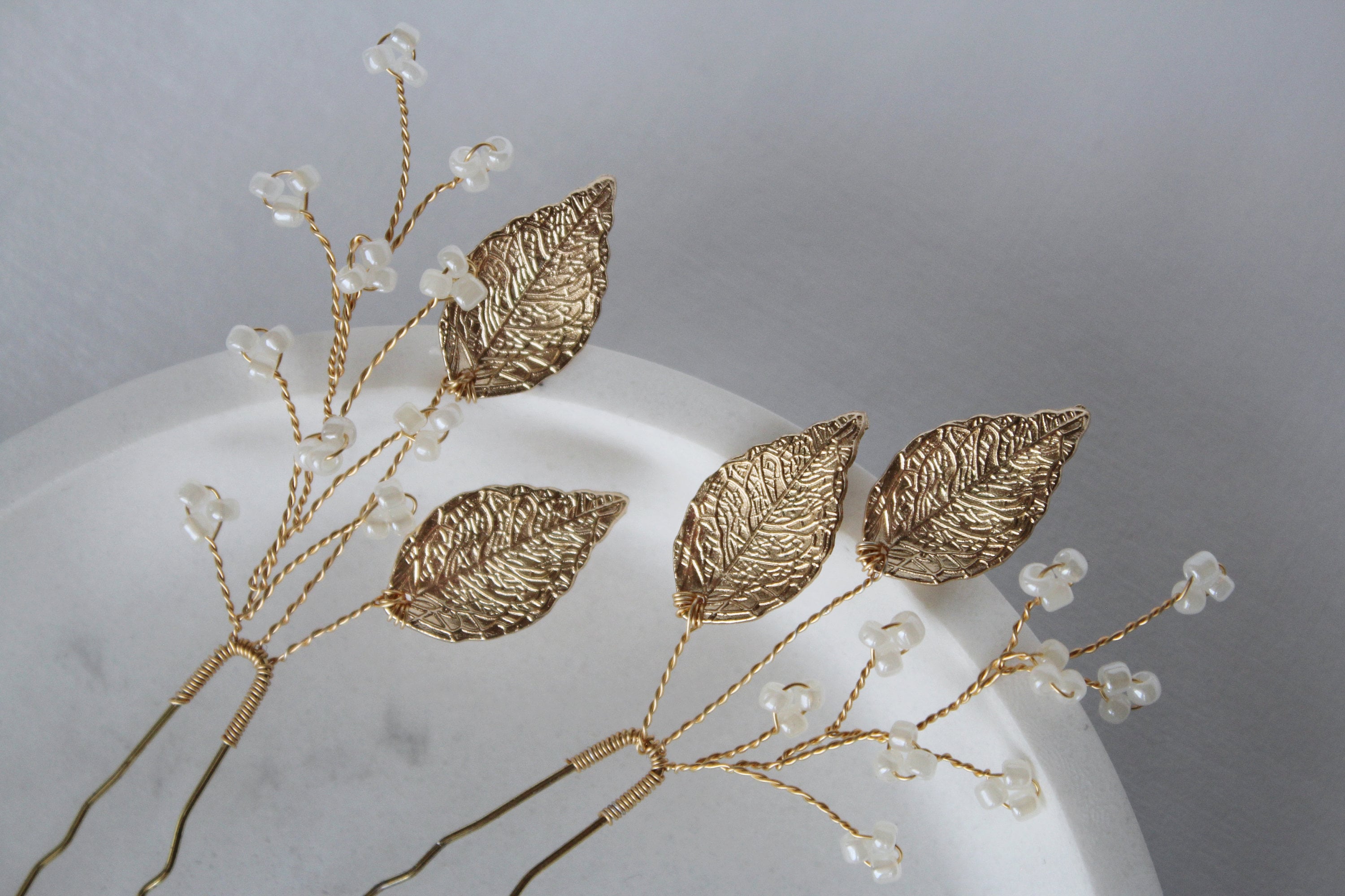 Gold Leaf Wedding Hair Pins: Pearl Bridal Hair Accessory