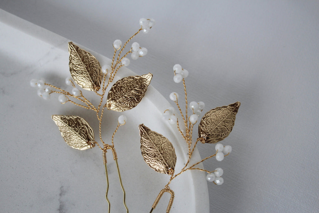 Gold Leaf Wedding Hair Pins: Crystal Bridal Hair Accessory Set