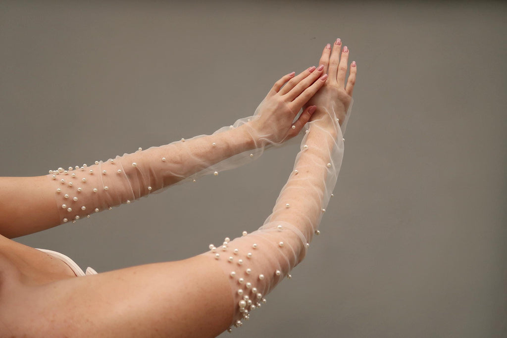 Pearl Fingerless Bridal Gloves, Long Tulle Sheer Sleeve