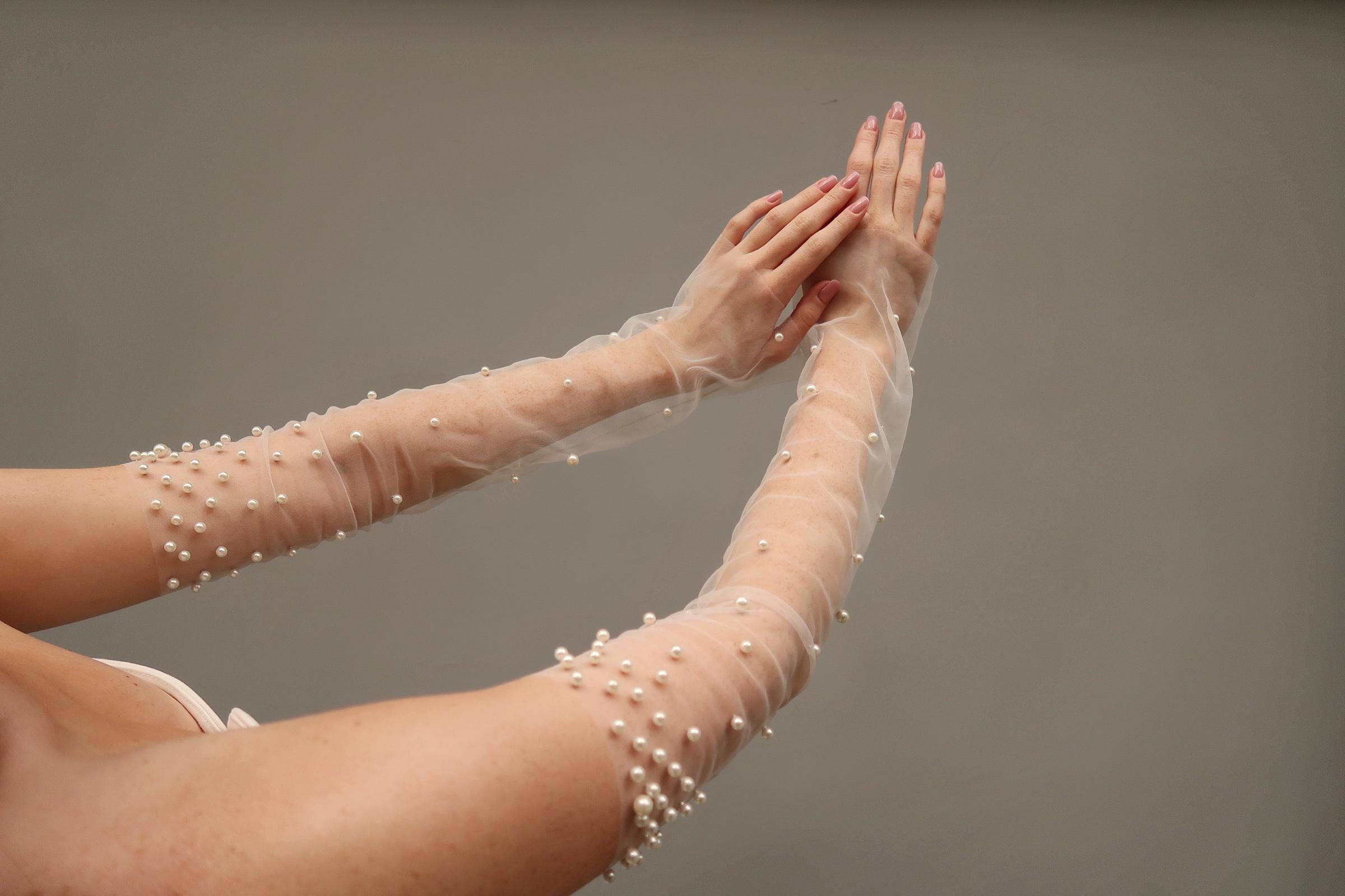 Pearl Fingerless Bridal Gloves, Long Tulle Sheer Sleeve