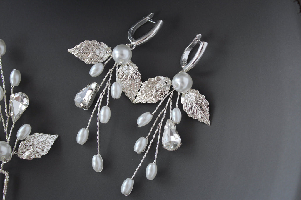 Silver Pearl Leaf Wedding Hair Pins: Bridal Rhinestone Accessory