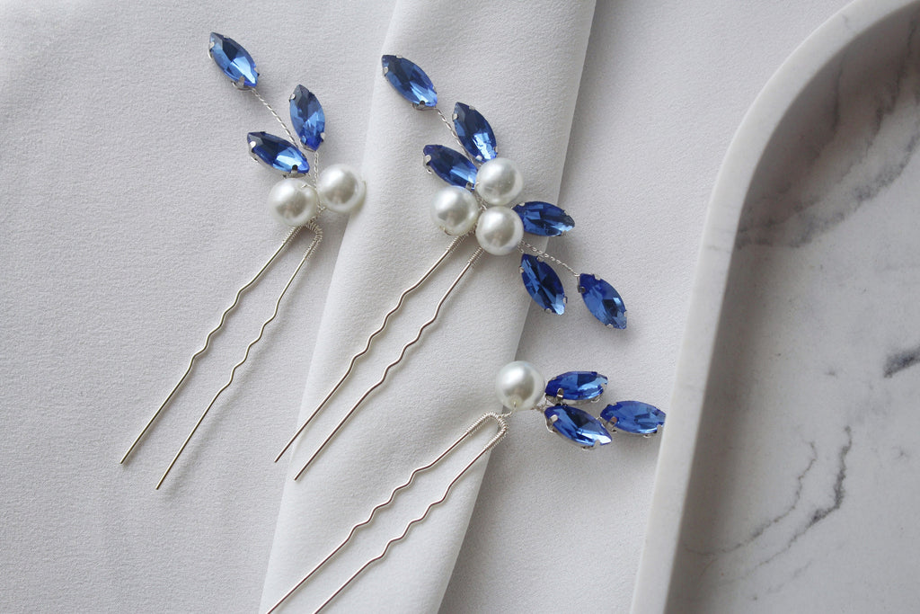 Sapphire Blue Pearl Hair Pins: Bridal Wedding Hair Piece