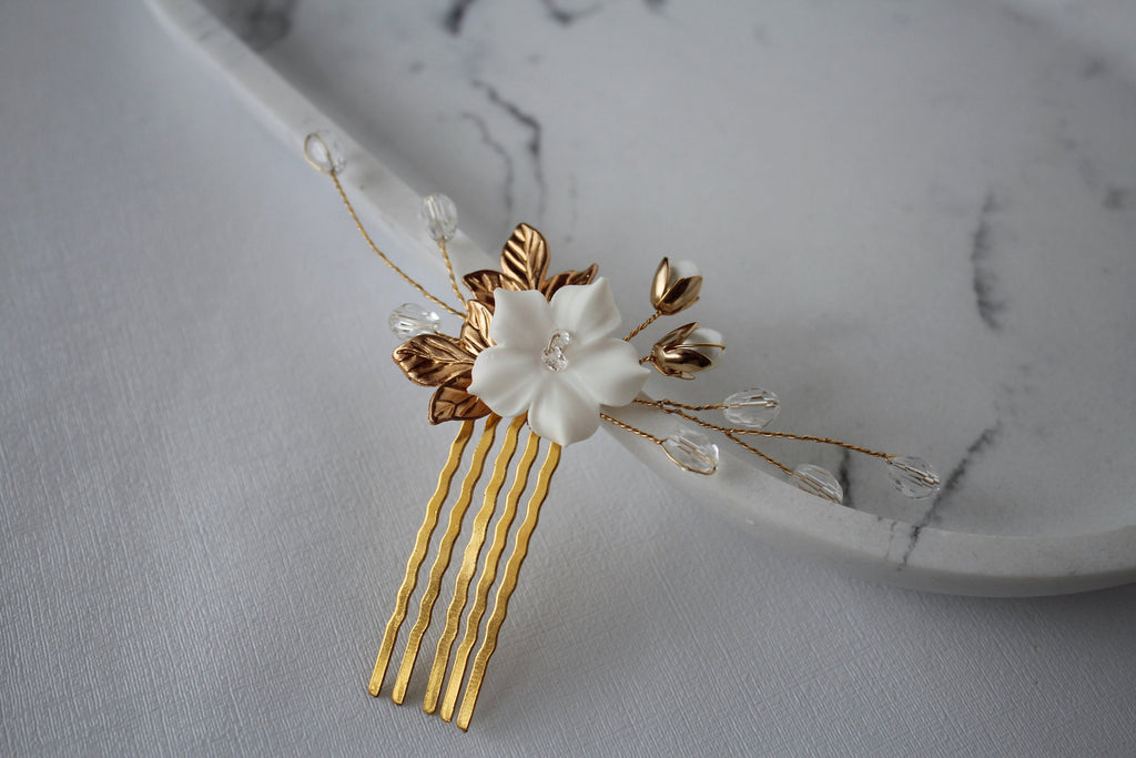 Gold Flower Wedding Hair Comb: Rhinestone Pearl Bridal Hairpiece