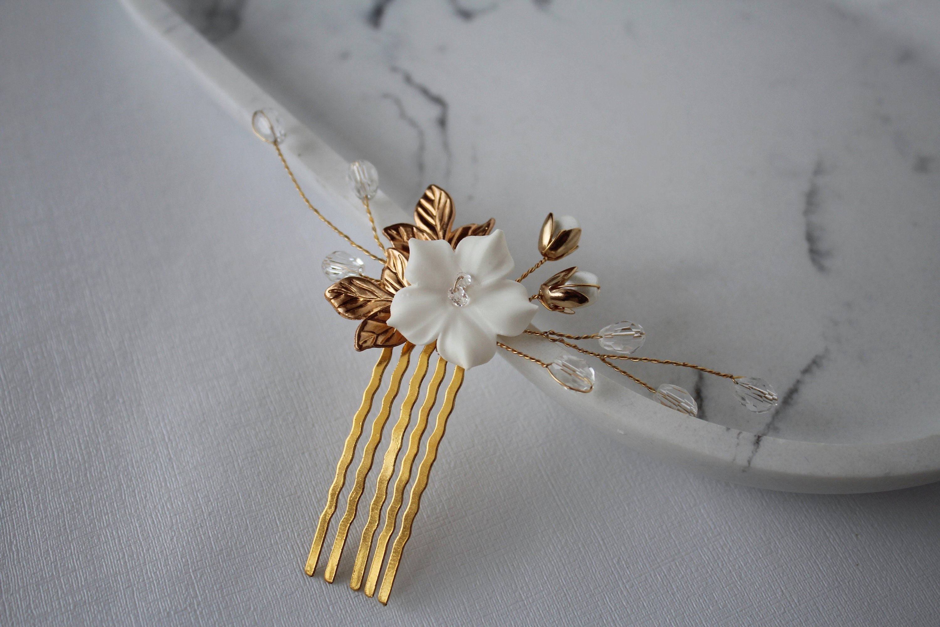 Gold Flower Wedding Hair Comb: Rhinestone Pearl Bridal Hairpiece