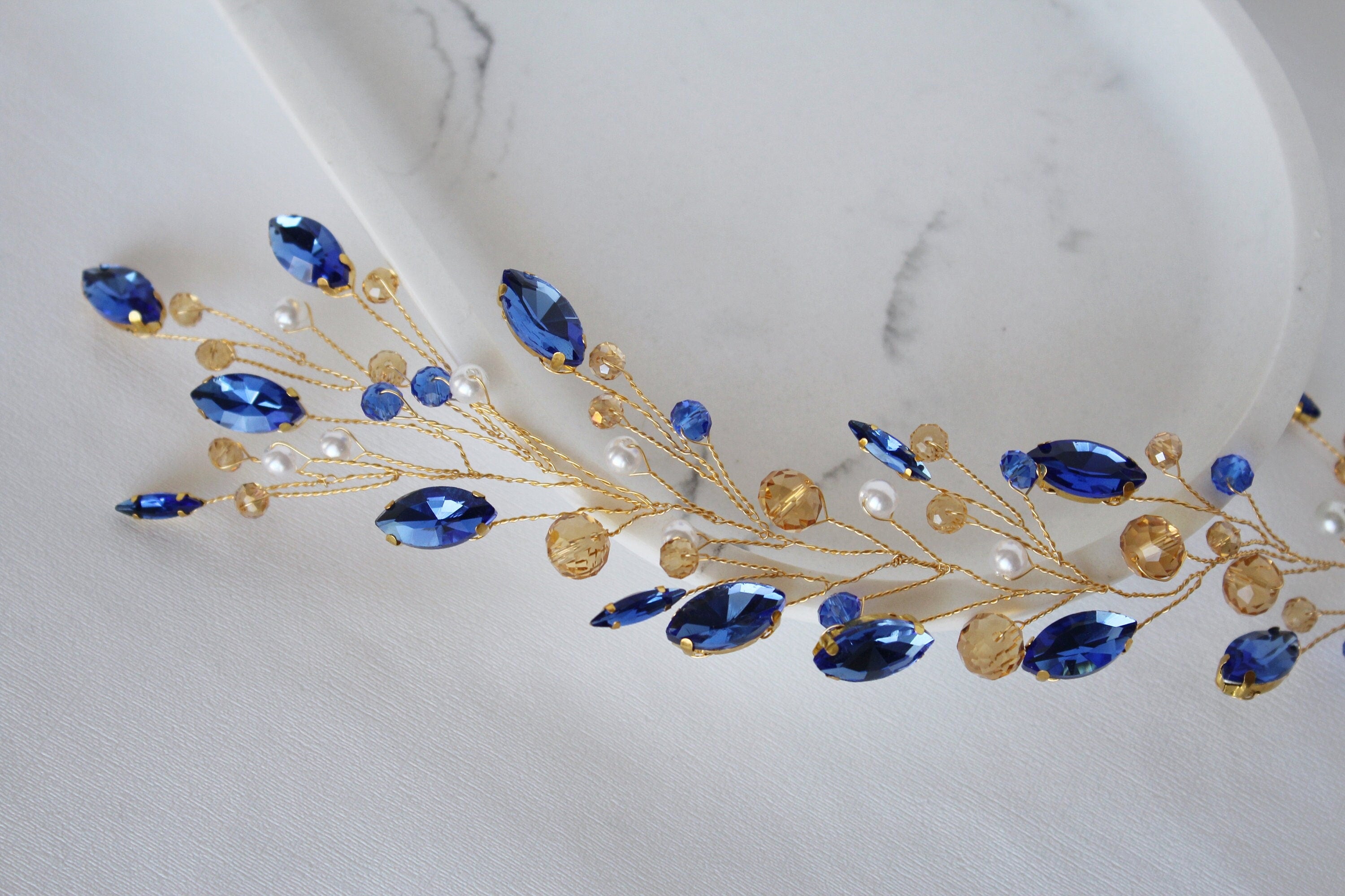 Sapphire Blue Wedding Hair Vine: Gold Bridal Hair Piece