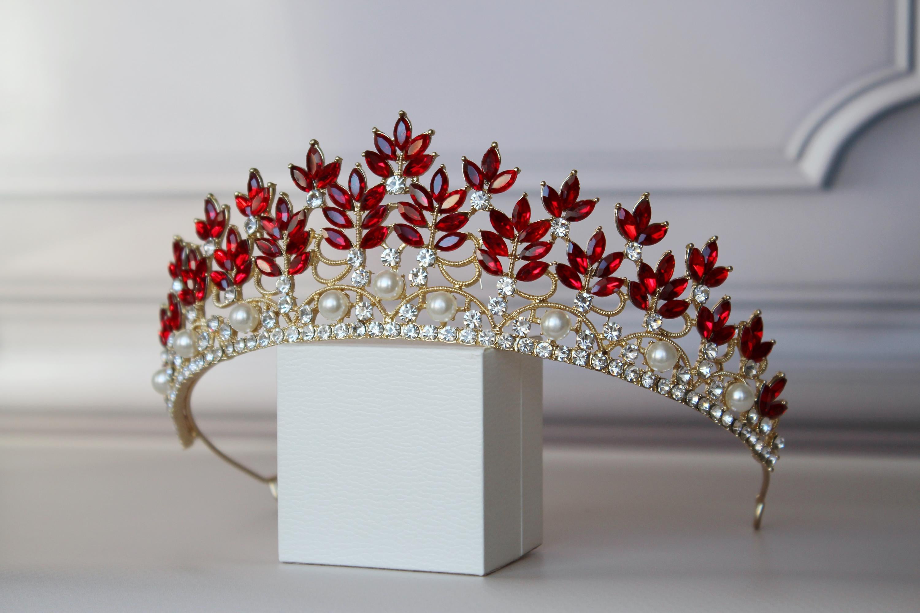 Royal Red tiara, Gold and Pearl bridal tiara
