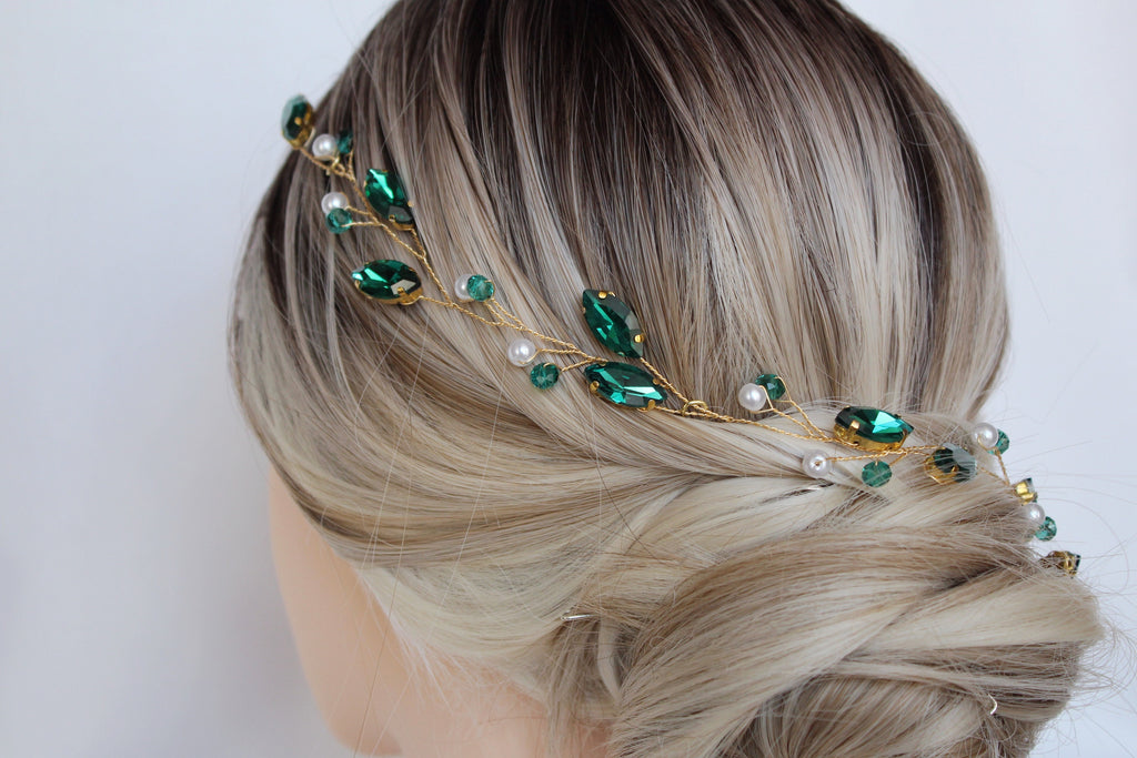 Emerald Hair Vine: Green Pearl Bridal Headpiece