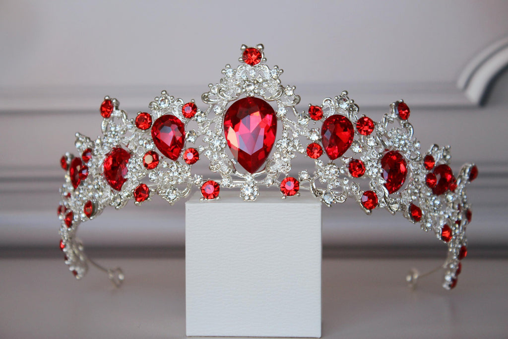 Royal Silver Wedding Crown with Red Crystals