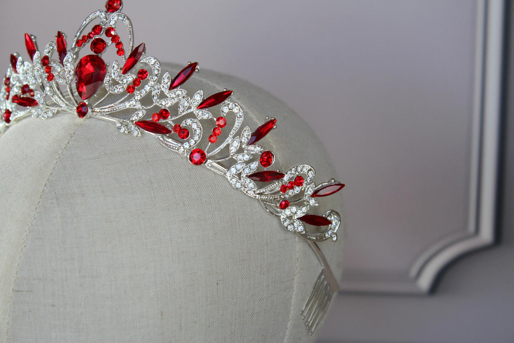 Red Silver tiara, Wedding crown, Ruby red princess tiara