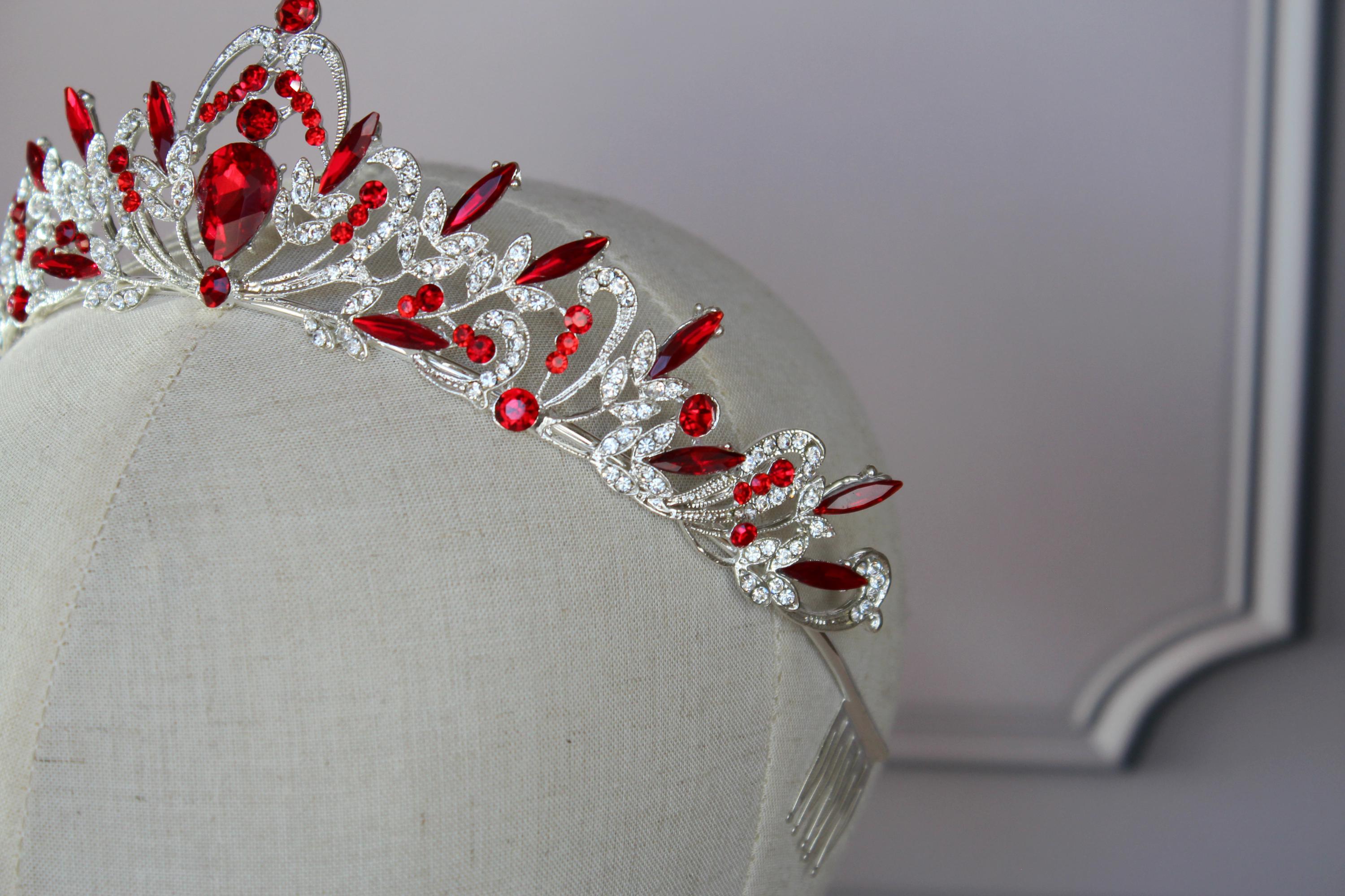 Red Silver tiara, Wedding crown, Ruby red princess tiara
