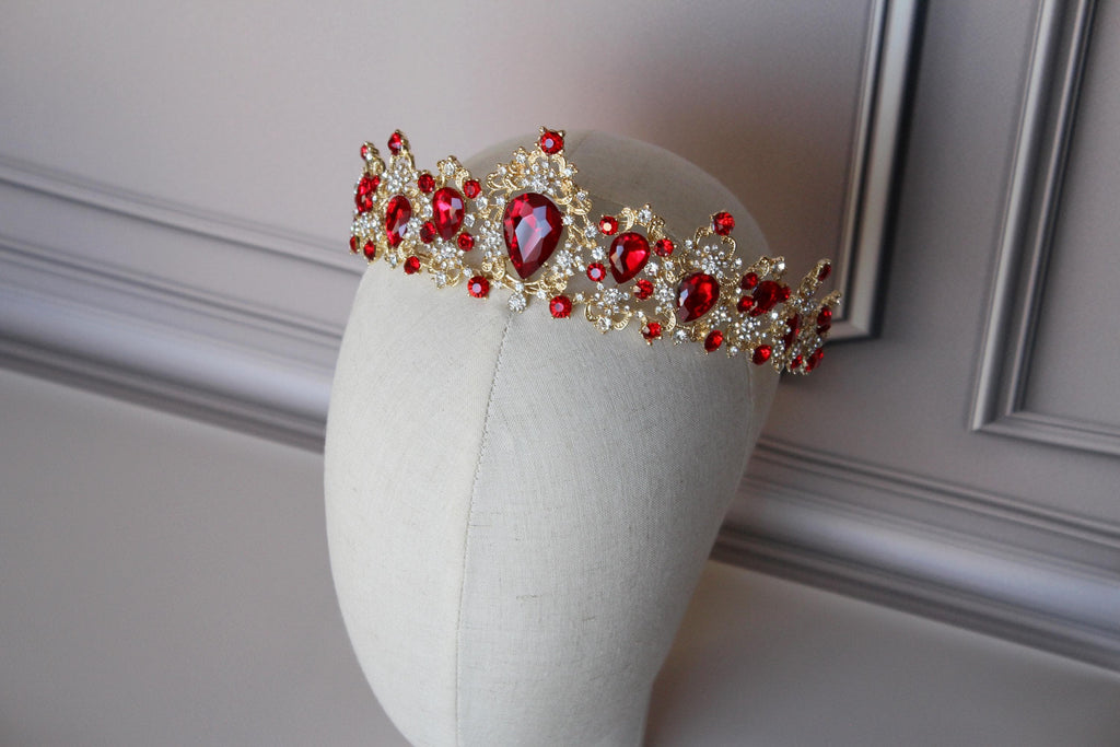 Red Ruby tiara with earrings, Prom tiara