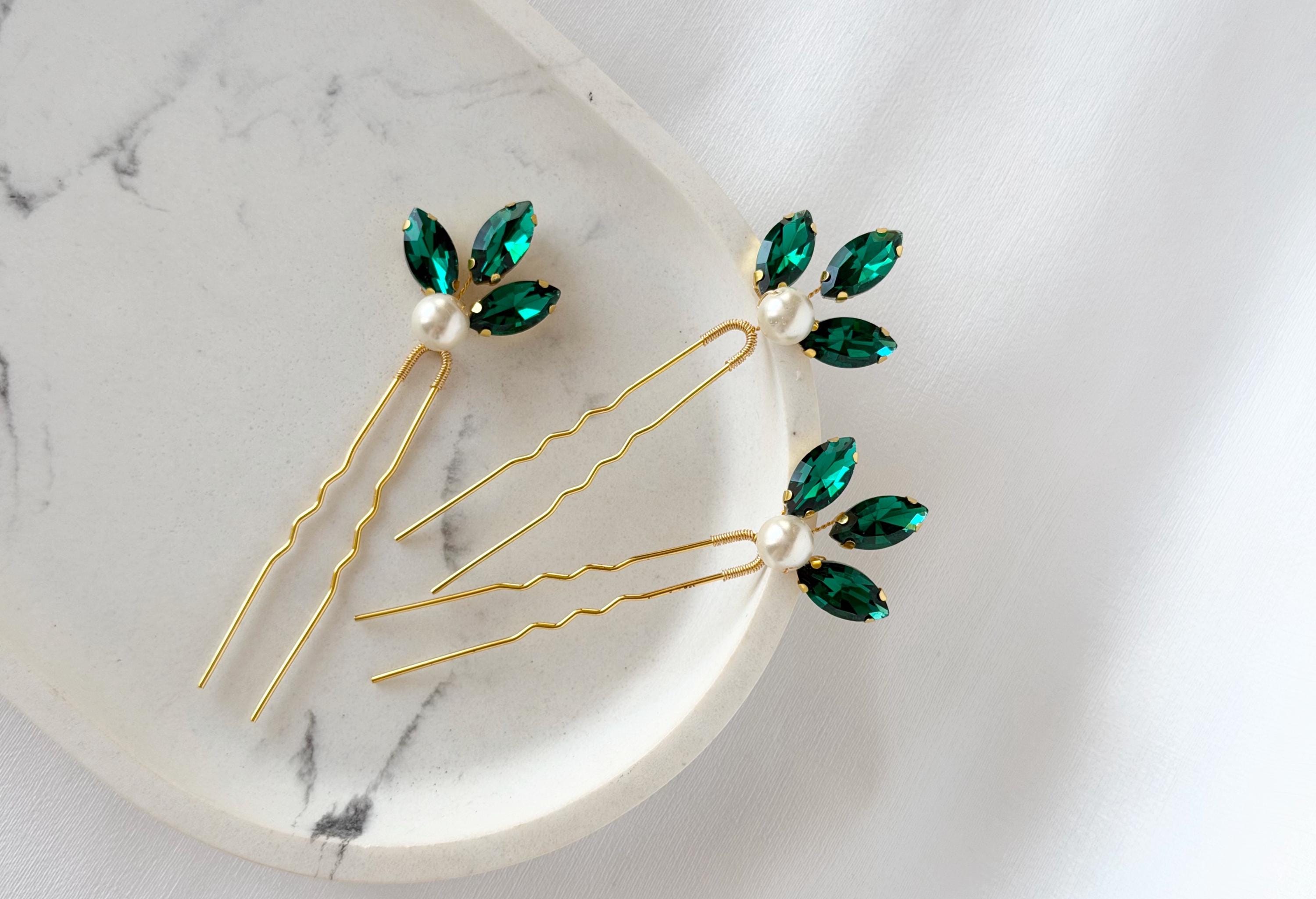 Emerald Green Pearl Hair Pins, Set of 3 Elegant Wedding Hair Accessories