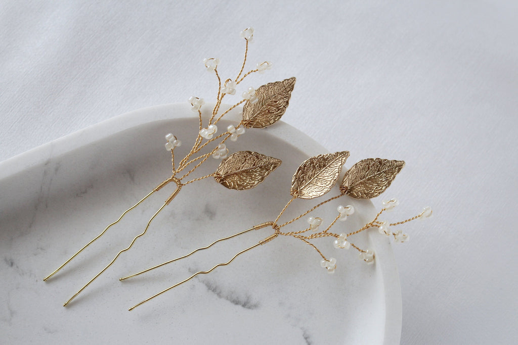 Gold Leaf Wedding Hair Pins: Pearl Bridal Hair Accessory