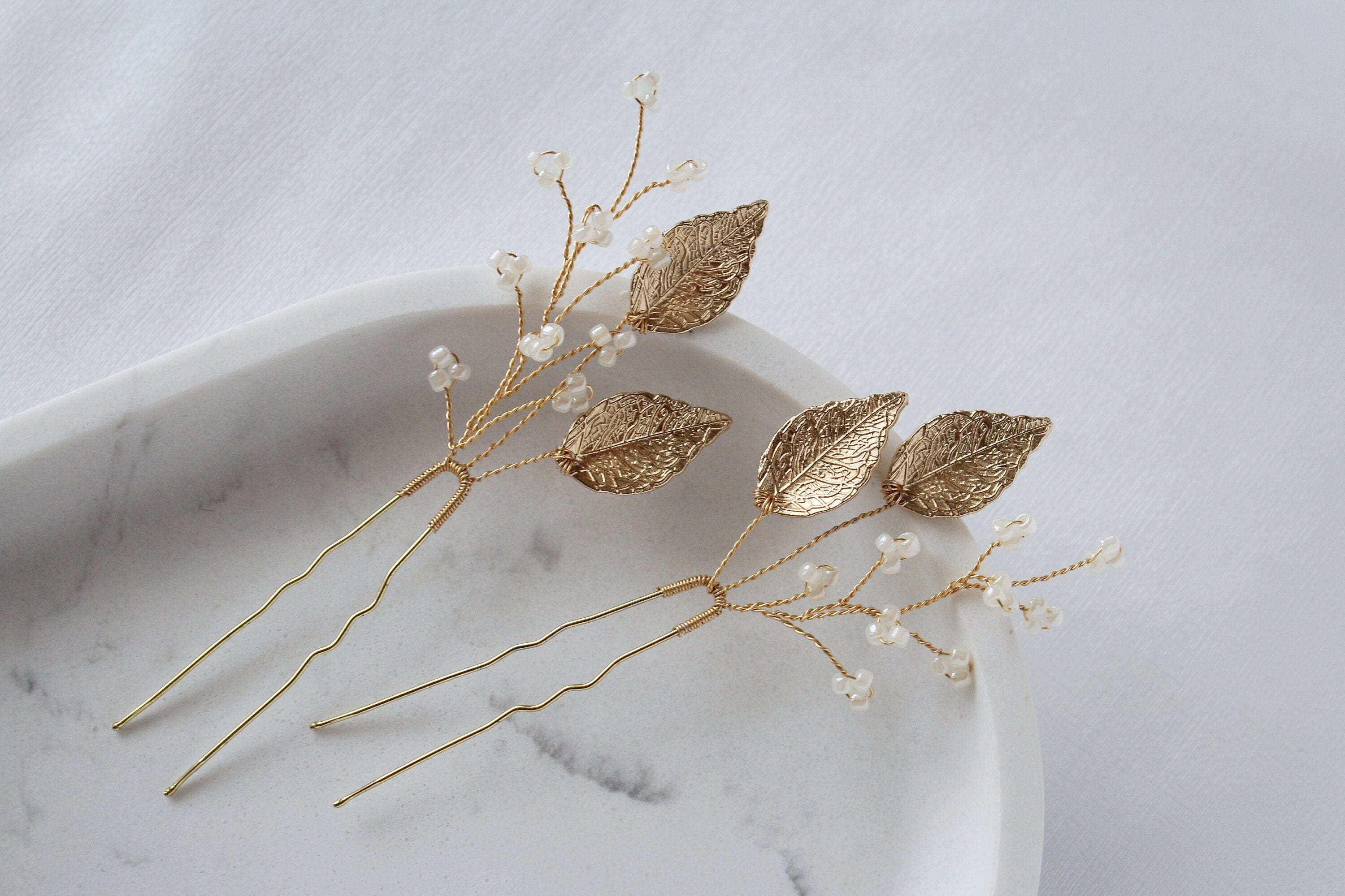 Gold Leaf Wedding Hair Pins: Pearl Bridal Hair Accessory