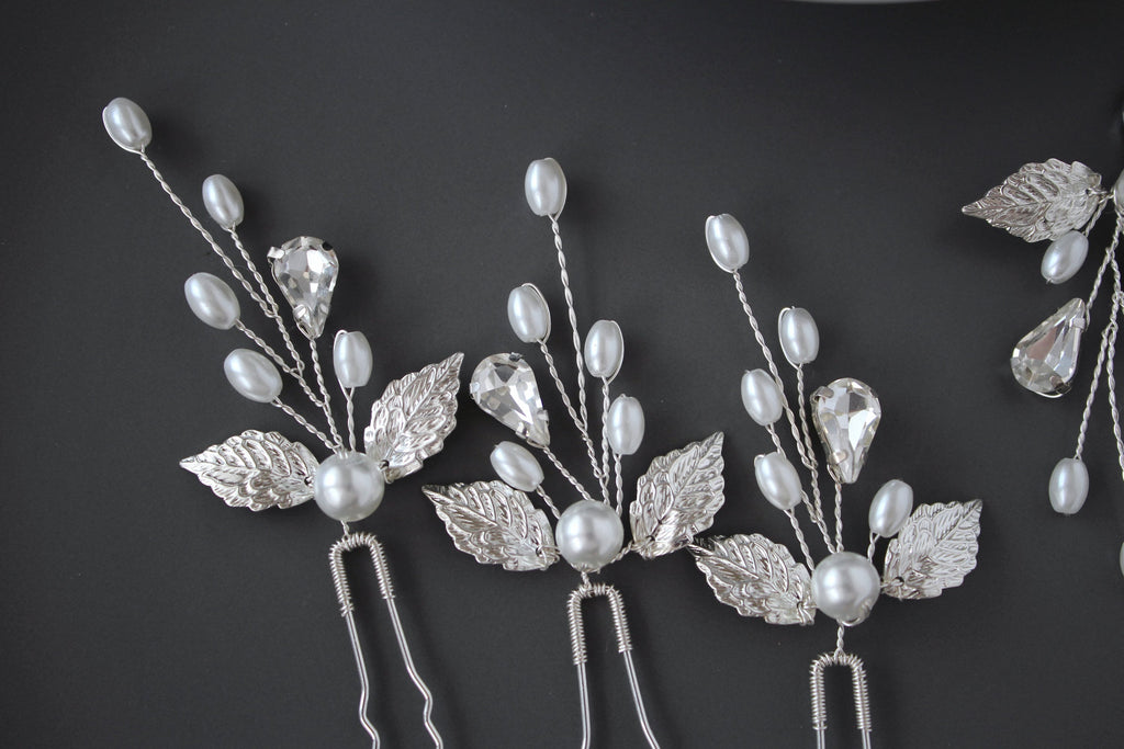 Silver Pearl Leaf Wedding Hair Pins: Bridal Rhinestone Accessory
