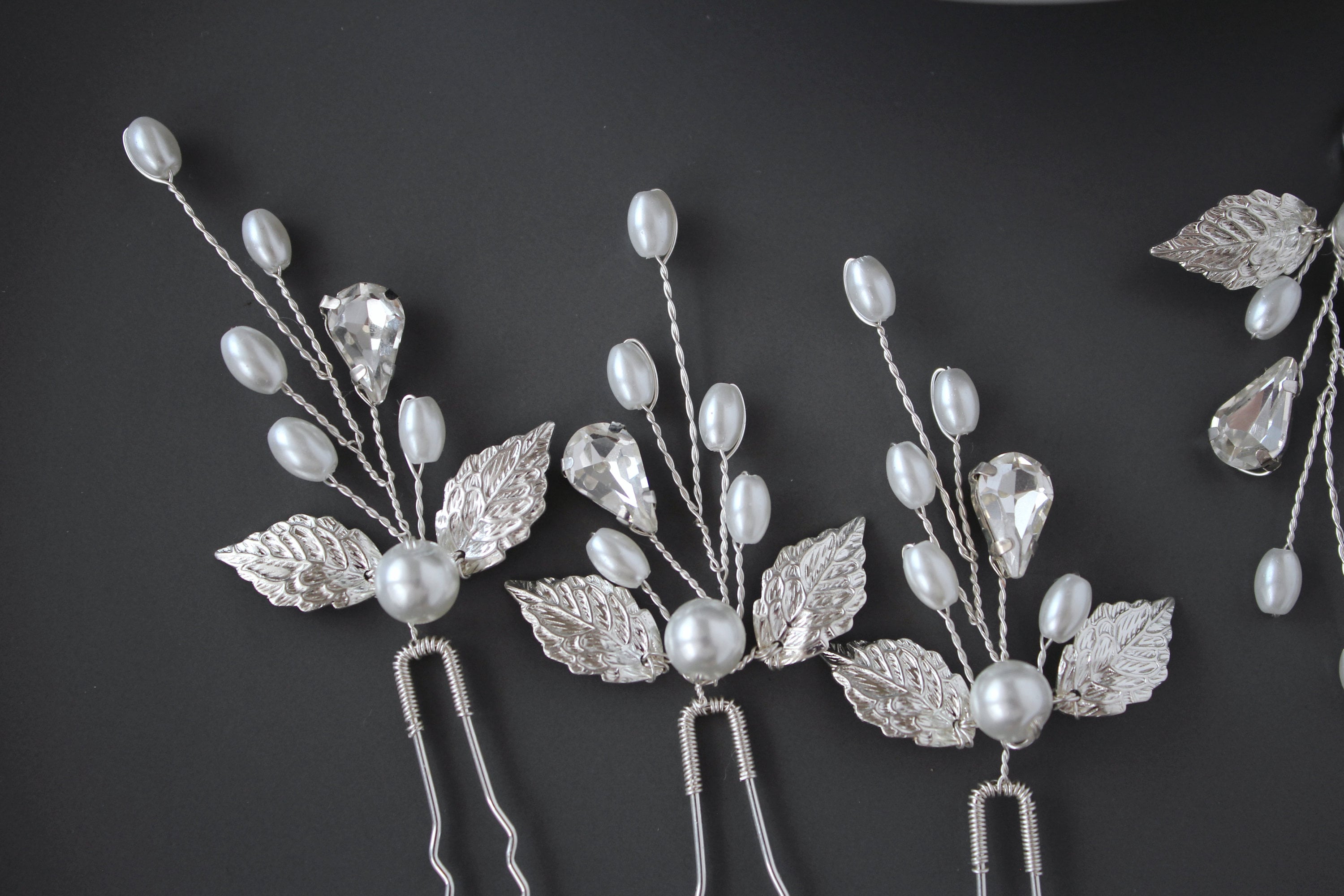 Silver Pearl Leaf Wedding Hair Pins: Bridal Rhinestone Accessory