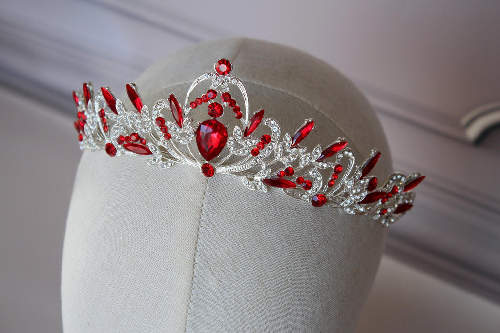Red Silver tiara, Wedding crown, Ruby red princess tiara