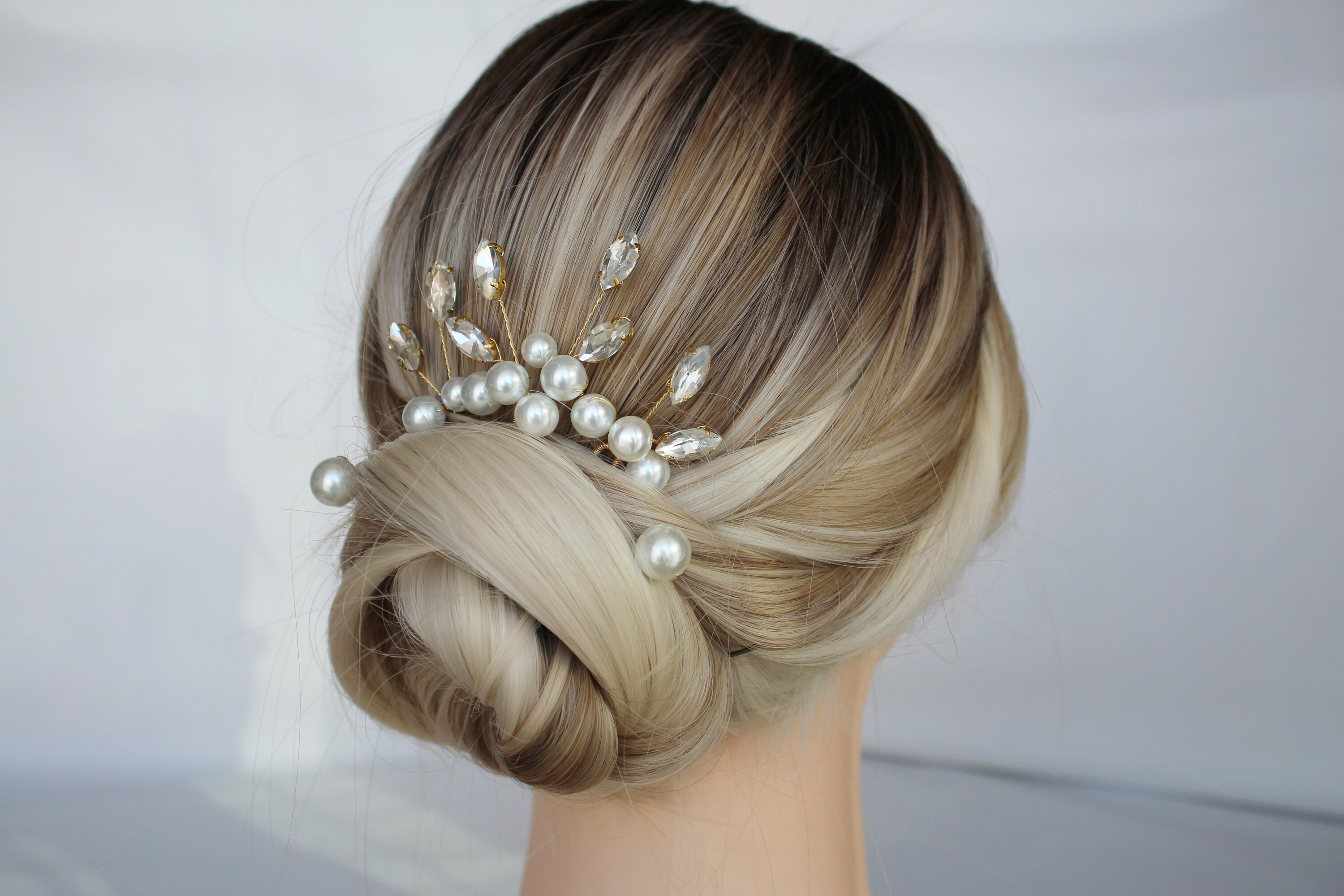 Pearl Wedding Hair Pins: Gold Bridal Crystal Hair Piece Set