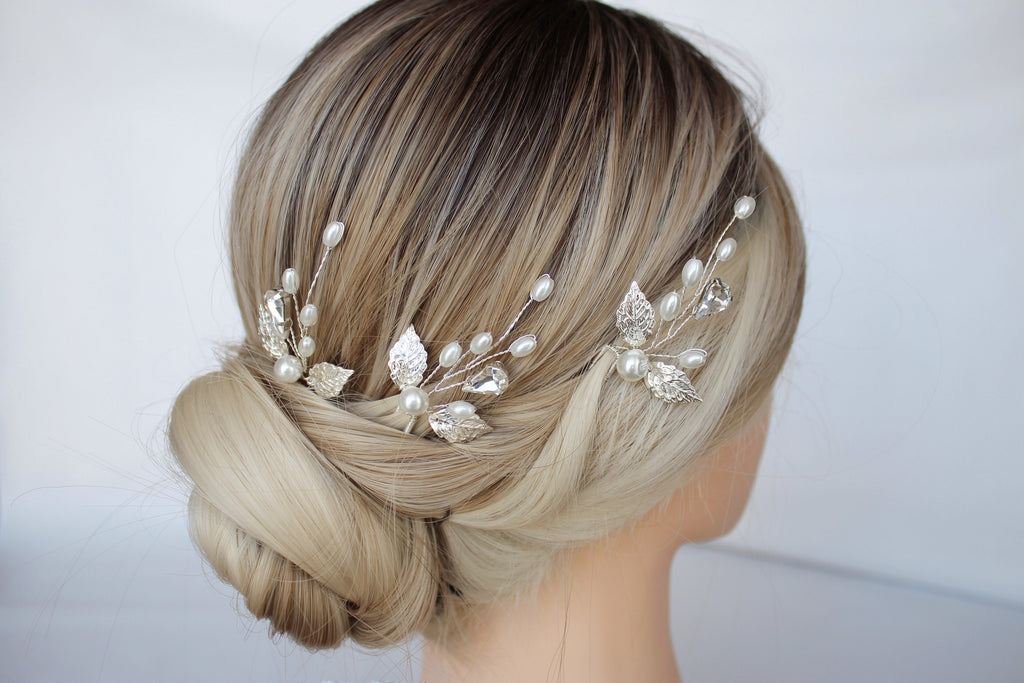 Silver Pearl Leaf Wedding Hair Pins: Bridal Rhinestone Accessory