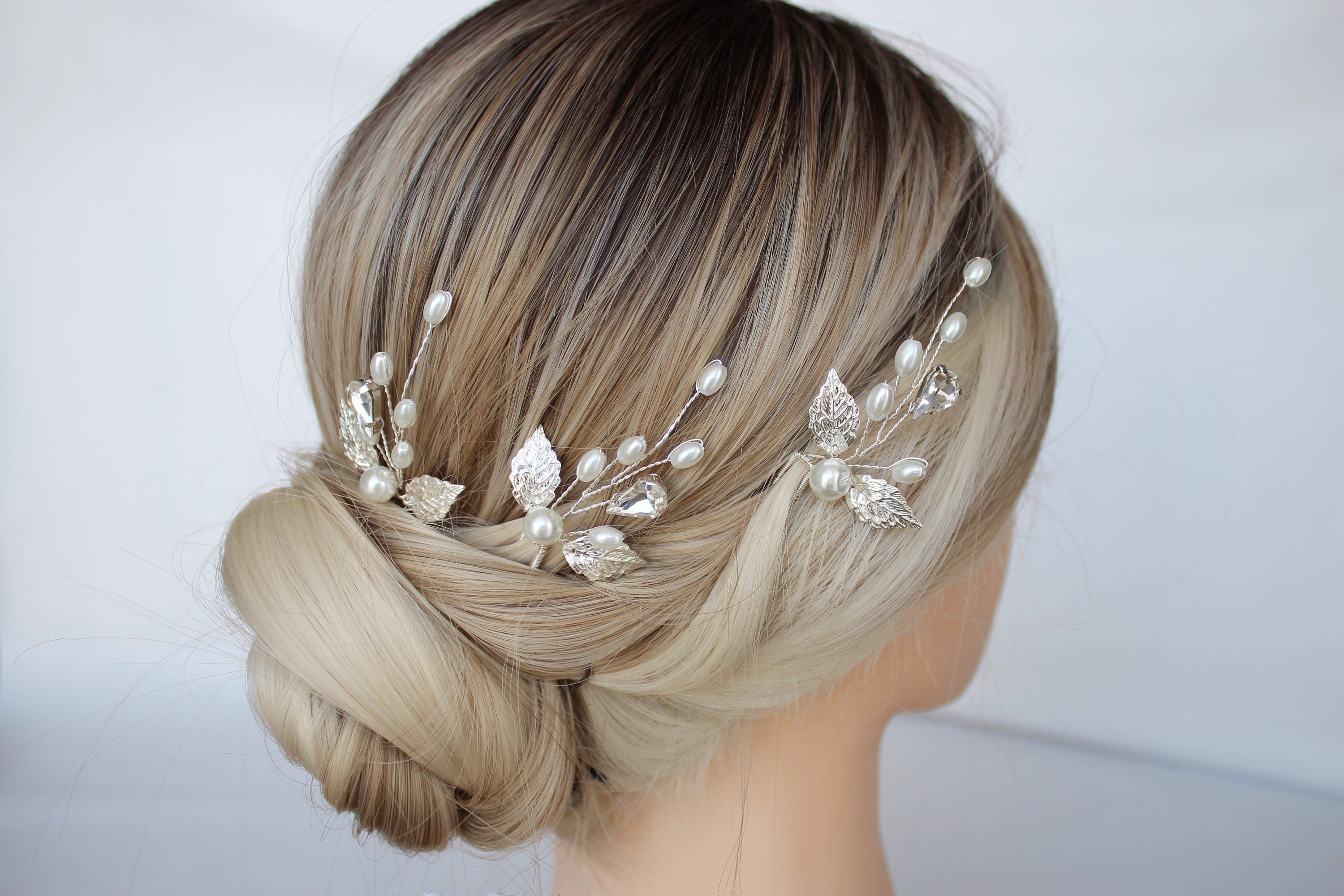 Silver Pearl Leaf Wedding Hair Pins: Bridal Rhinestone Accessory